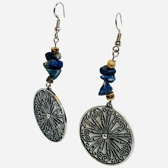 Lapis Lazuli Navy Blue Stone Paisley Flower Silver Tone Drop Dangle Earrings - Picture 4 of 5